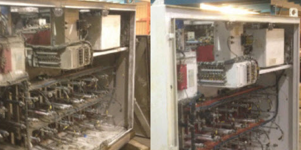 Electrical equipment in an electrical power plant cleaned using dry ice blasting.