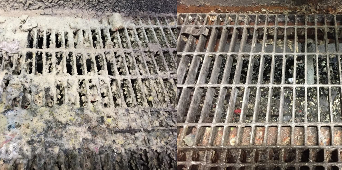 Metal grating at a printing press cleaned using dry ice blasting.