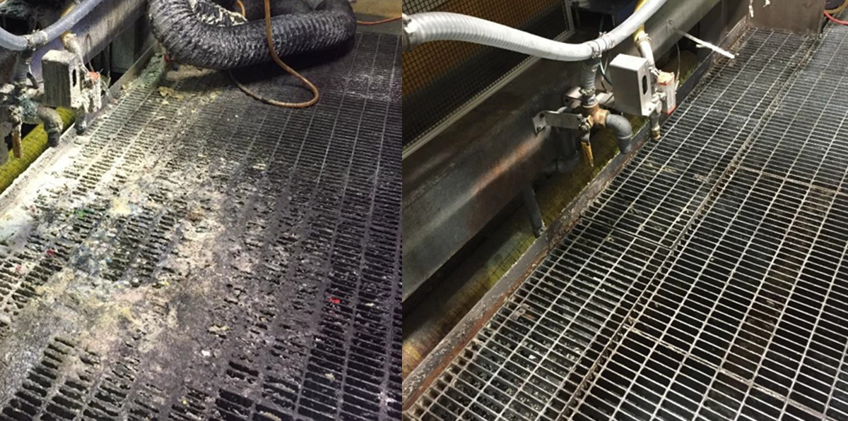 Dry ice blasting was used to clean metal grating at a printing press.