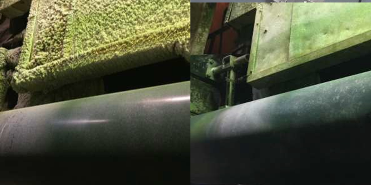 Mechanics and casing in a pulp and paper plant cleaned with dry ice blasting.