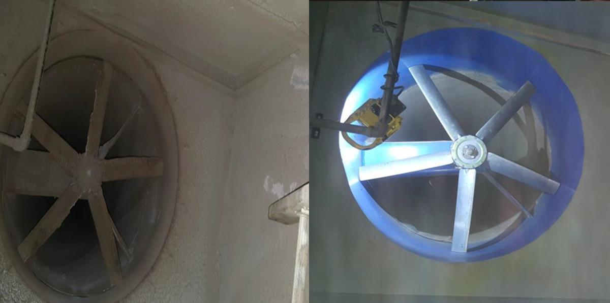Fans in an automotive plant were cleaned using dry ice blasting.