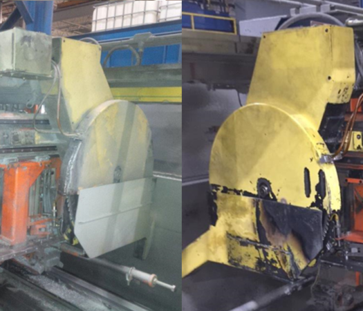 Dry ice blasting was used to clean an aluminum extrusion machine at a manufacturing facility. 