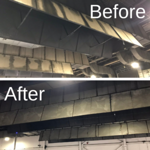 Before and after photo of dry ice cleaning on exhaust vent hoods.