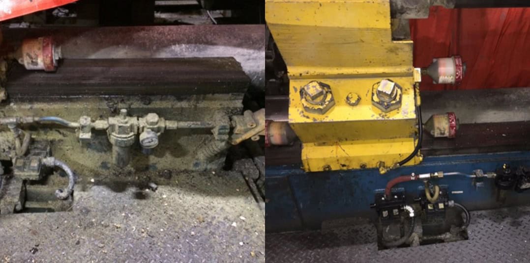 Before and after of industrial equipment cleaning with dry ice blasting.