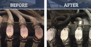 Before and after of industrial equipment cleaning with dry ice blasting.