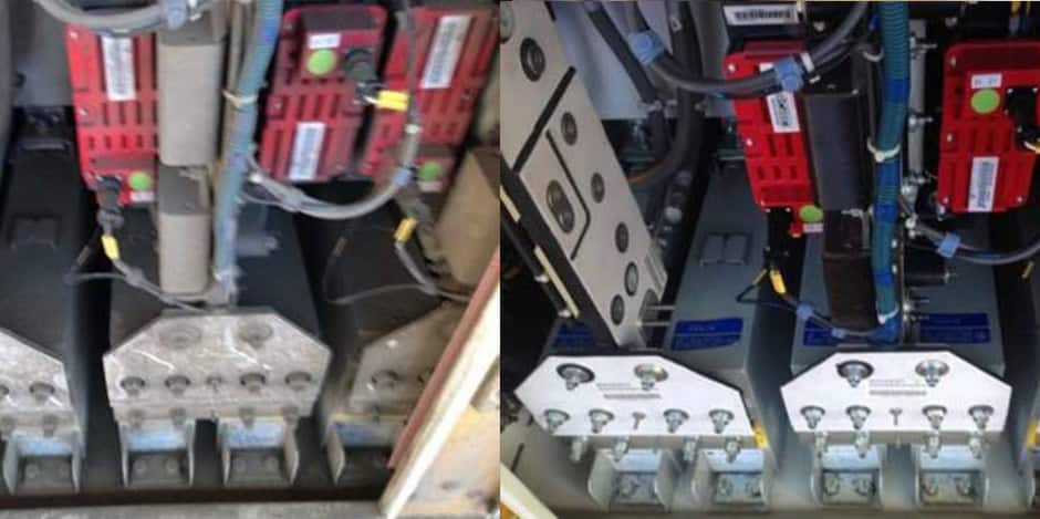 Before and after of industrial equipment cleaning with dry ice blasting.