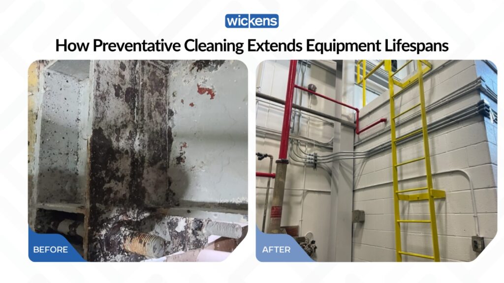 Before and after of a Rail wash bay: a column covered in black contamination, then a clean wall with a yellow ladder and red piping.