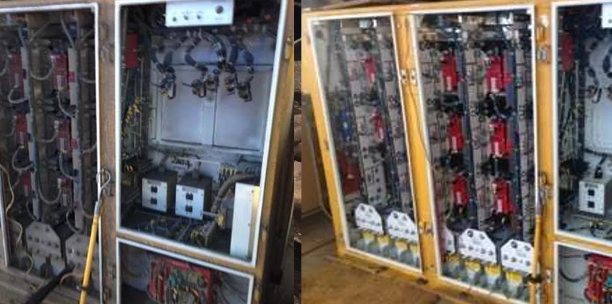 Electrical equipment in an electrical power plant cleaned using dry ice blasting.